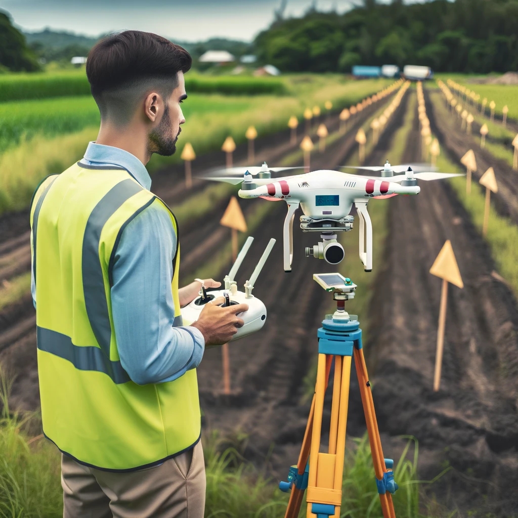 A surveyor in a high-visibility vest operates a sophisticated drone over a marked field, embodying the cutting-edge integration of drone surveys and AI in land development. The drone, equipped with advanced surveying instruments and GPS, hovers above the ground, gathering detailed geographic and topographic data. 