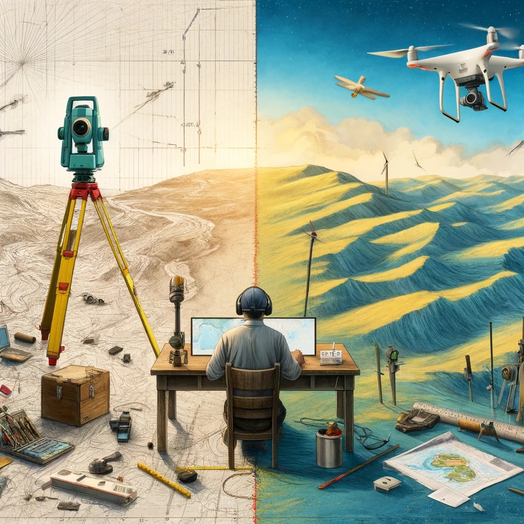 The image depicting a comparison between drone topographic surveying and traditional surveying methods has been created. It visually contrasts the innovative, efficient approach of drone surveying with the more labor-intensive, time-consuming traditional methods, while also acknowledging the environmental limitations that drones may encounter.