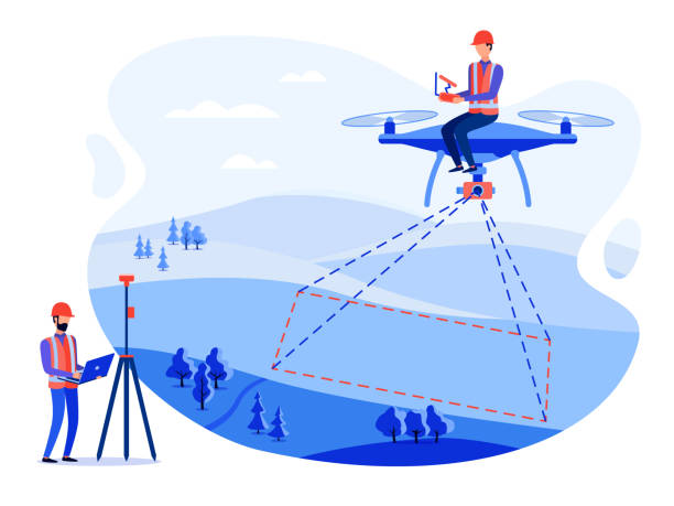 Flat vector illustration of a futuristic drone topographic surveying scene. In the foreground, a surveyor operates a laptop on a tripod, overseeing a second surveyor who is sitting on a large drone in flight. The drone is actively scanning the ground with visible red laser beams that form a triangulated network, symbolizing the collection of precise geographical data over a stylized, light blue and white landscape with sparse trees and surveying points. The image conveys a high-tech approach to land surveying, where drones provide a safer, faster, and more detailed mapping of terrain compared to traditional methods.
